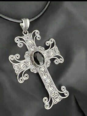 925 Sterling Silver Onyx Cross Necklace handmade Gemstone Womens Jewelry
